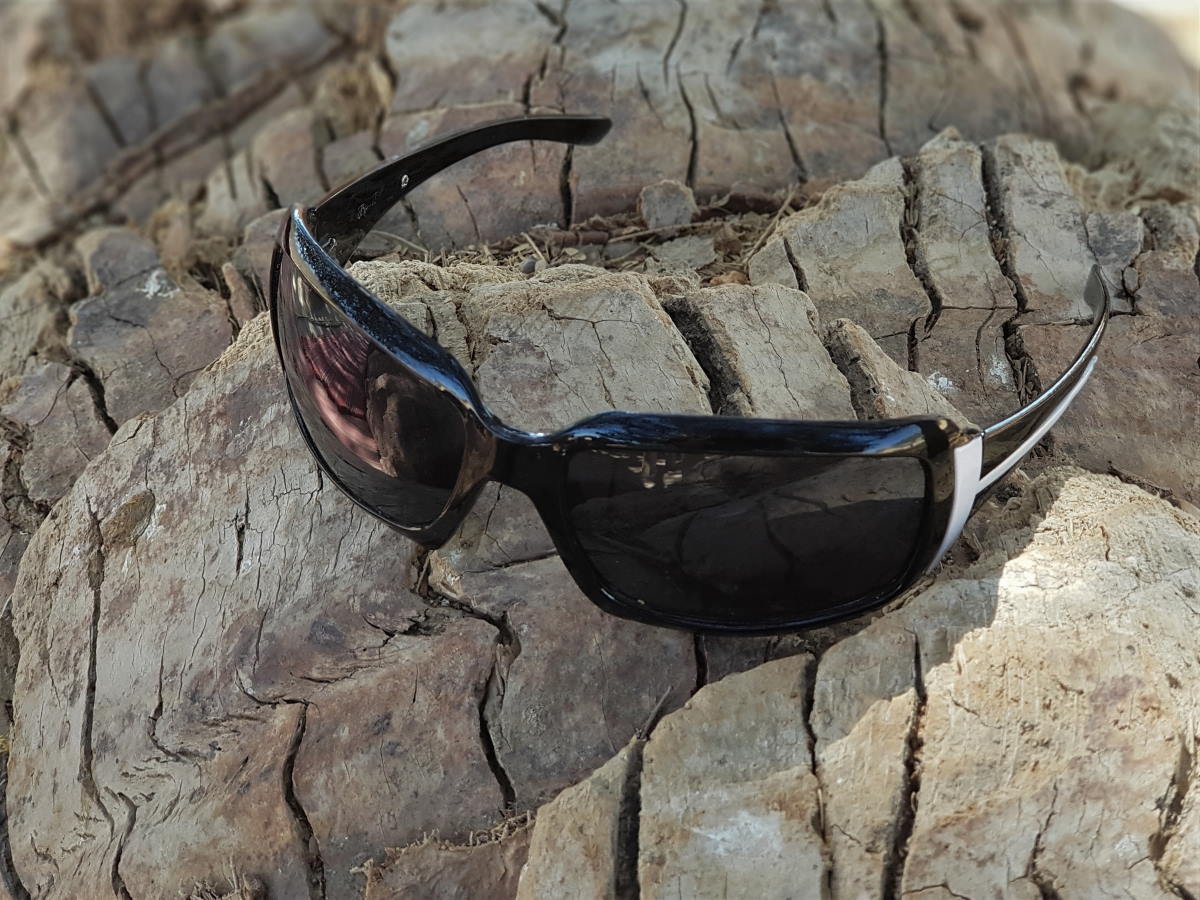 Eine Plastiksonnenbrille auf dem Material, aus dem sie viel nachhaltiger hergestellt werden könnte: Holz